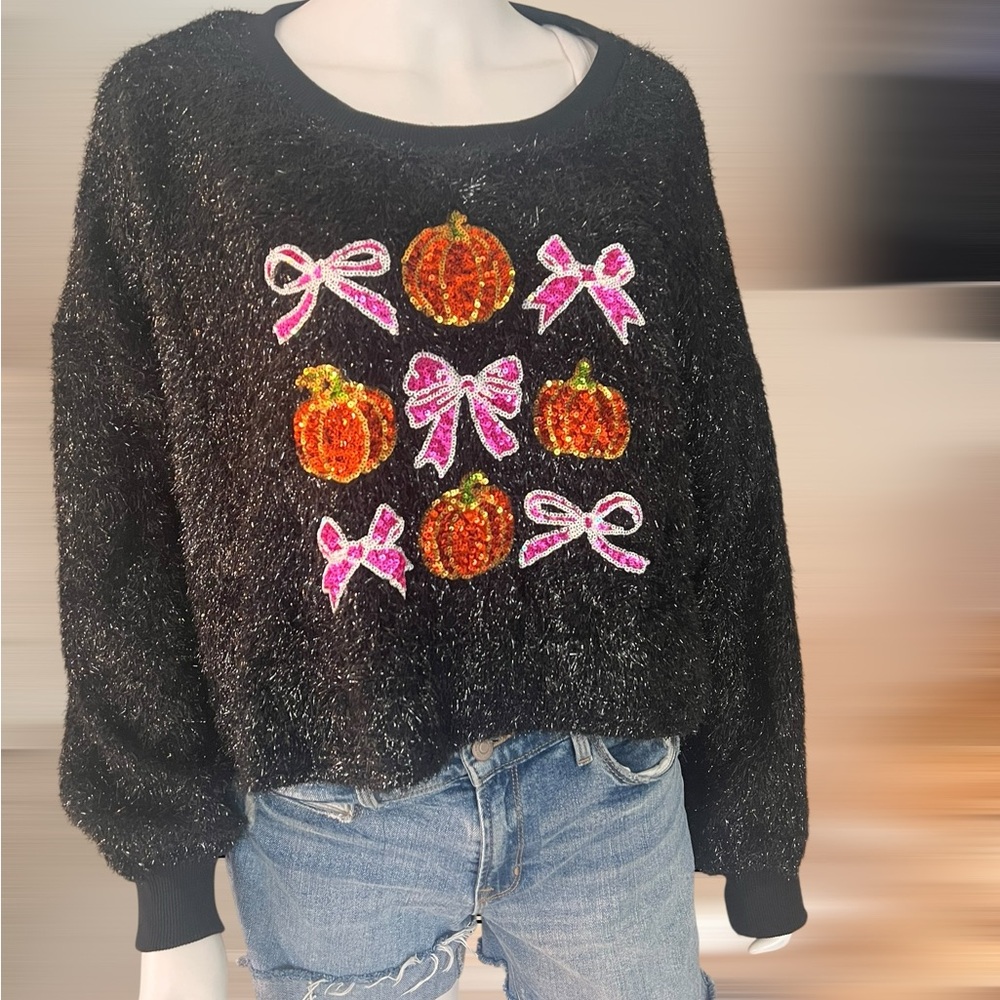 PEACH LOVE CALIFORNIA Black shimmer Sweater with sequin fall accents S M L - Picture 6 of 8